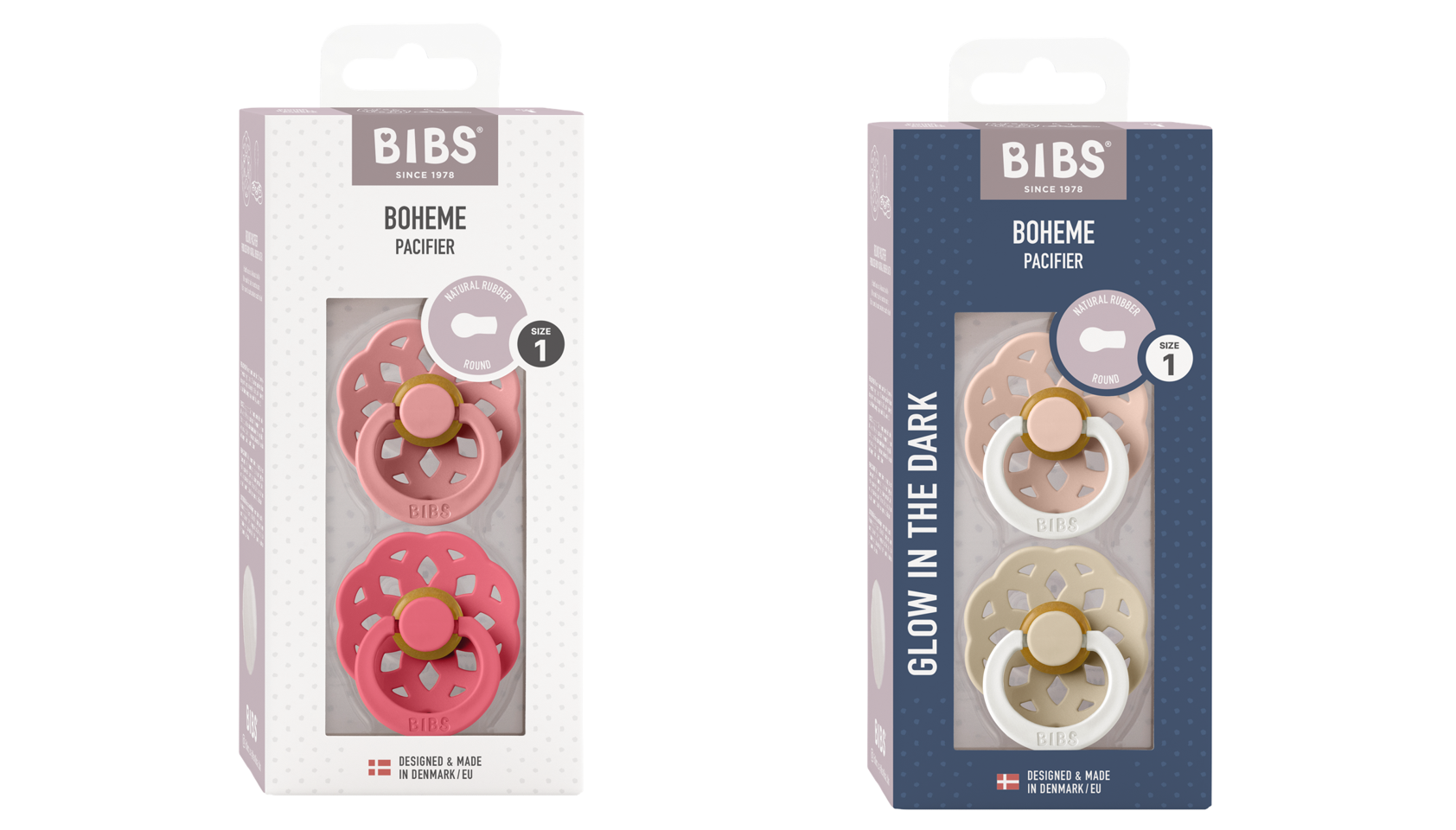 BIBS - Pacifier Boheme 2 PAK Latex - Dusty Pink/Coral & Blush/Vanilla GLOW -Str 1
