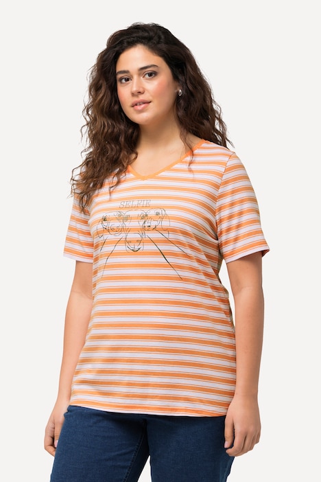 T-Shirt, Ringel, Metallic-Tiermotiv, V-Ausschnitt, Halbarm