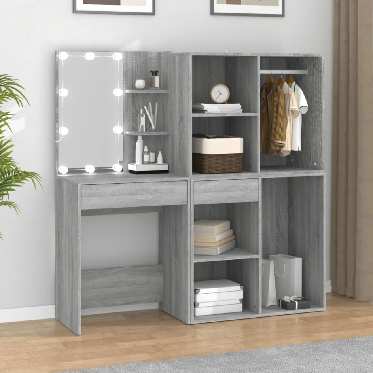vidaXL Coiffeuse LED avec armoires - Sonoma gris