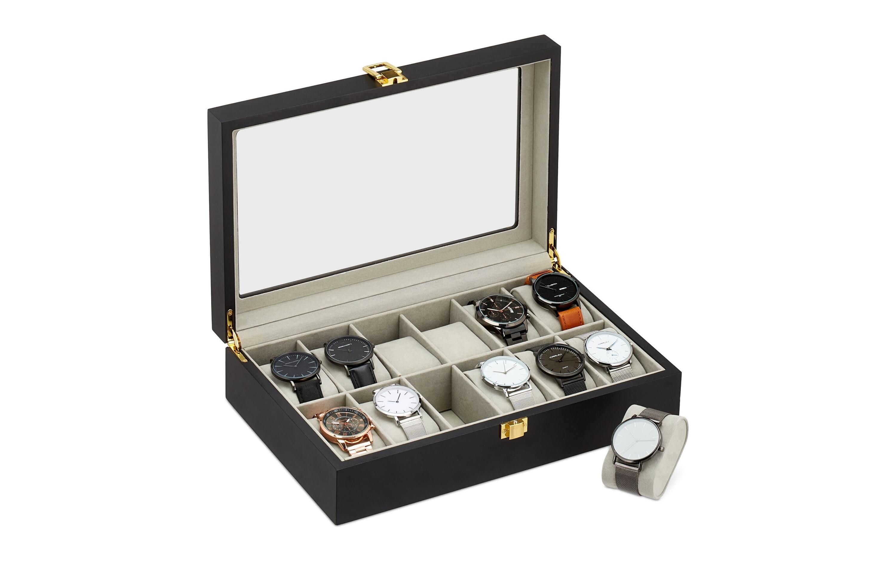 Uhrenbox für 12 Uhren 8 cm, Grau/SchwarzUhrenkasten