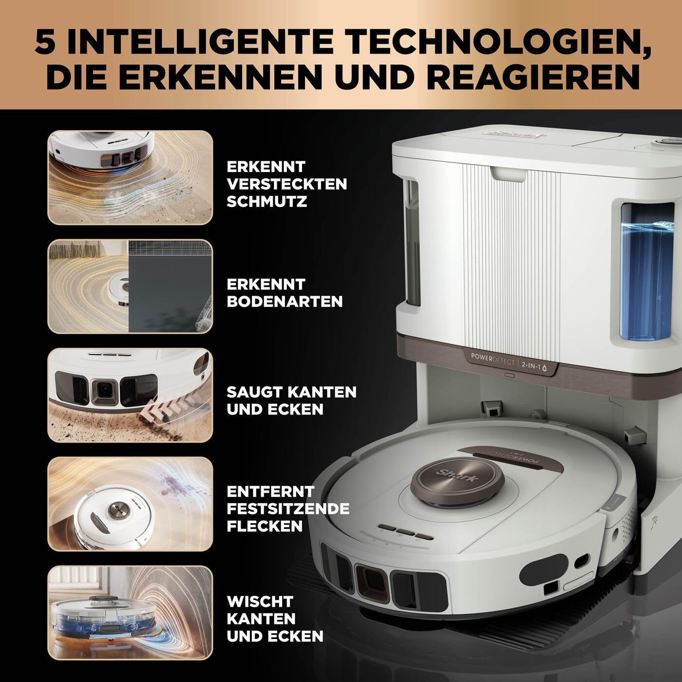 Shark PowerDetect 2-in-1 Saugroboter & Wischroboter, NeverTouch Pro 60-Tage-Selbstentleerung, selbständiges Nachfüllen & Reinigen, 3D-/ LiDAR-Navigation, NeverStuck, App-Steuerung, Weiß RV2800ZEEUWH