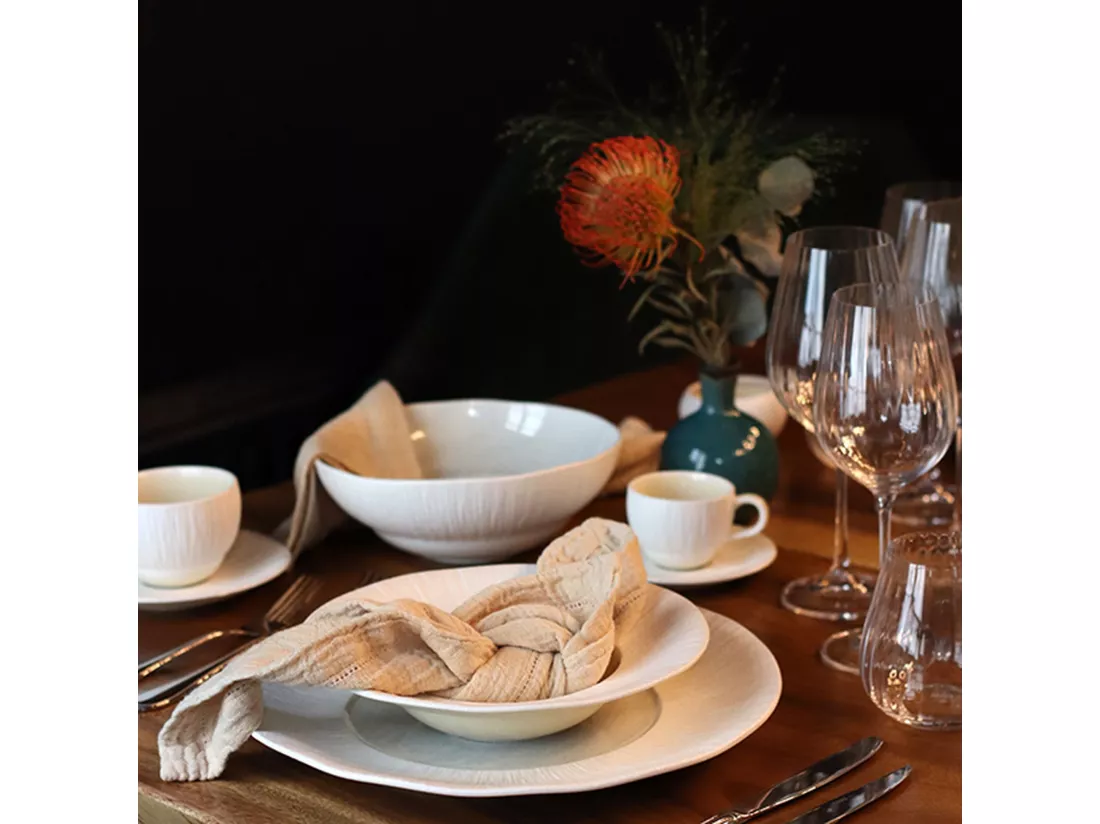 Ogo Living - Lot 6 Assiettes Creuses Urus 20cm En Porcelaine Beige Et Blanc