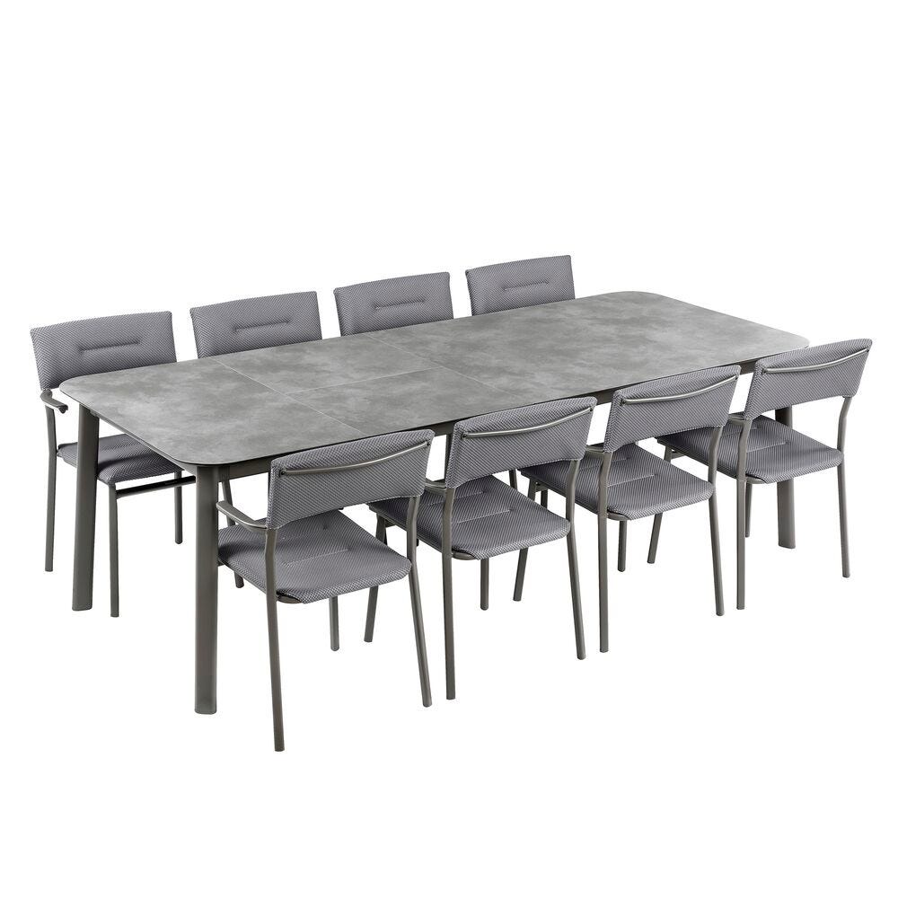 Set 1 ausziehbarer Gartentisch HPL und 8 Gartensessel Oron HPL Silver