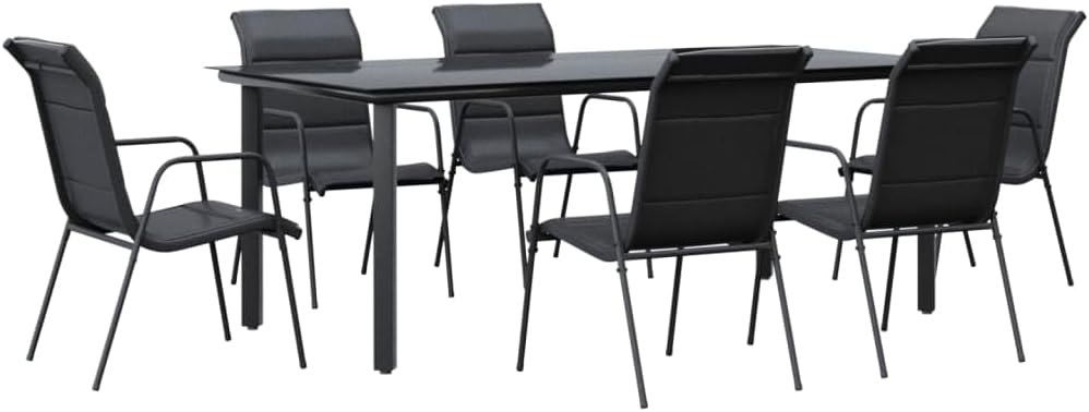 7-TLG. Garten-Essgruppe Schwarz, Stahl und Textilene, 200x100cm Tisch mit 6 Stühlen, robust für Terrasse, Balkon, Outdoor Patio Möbel Set