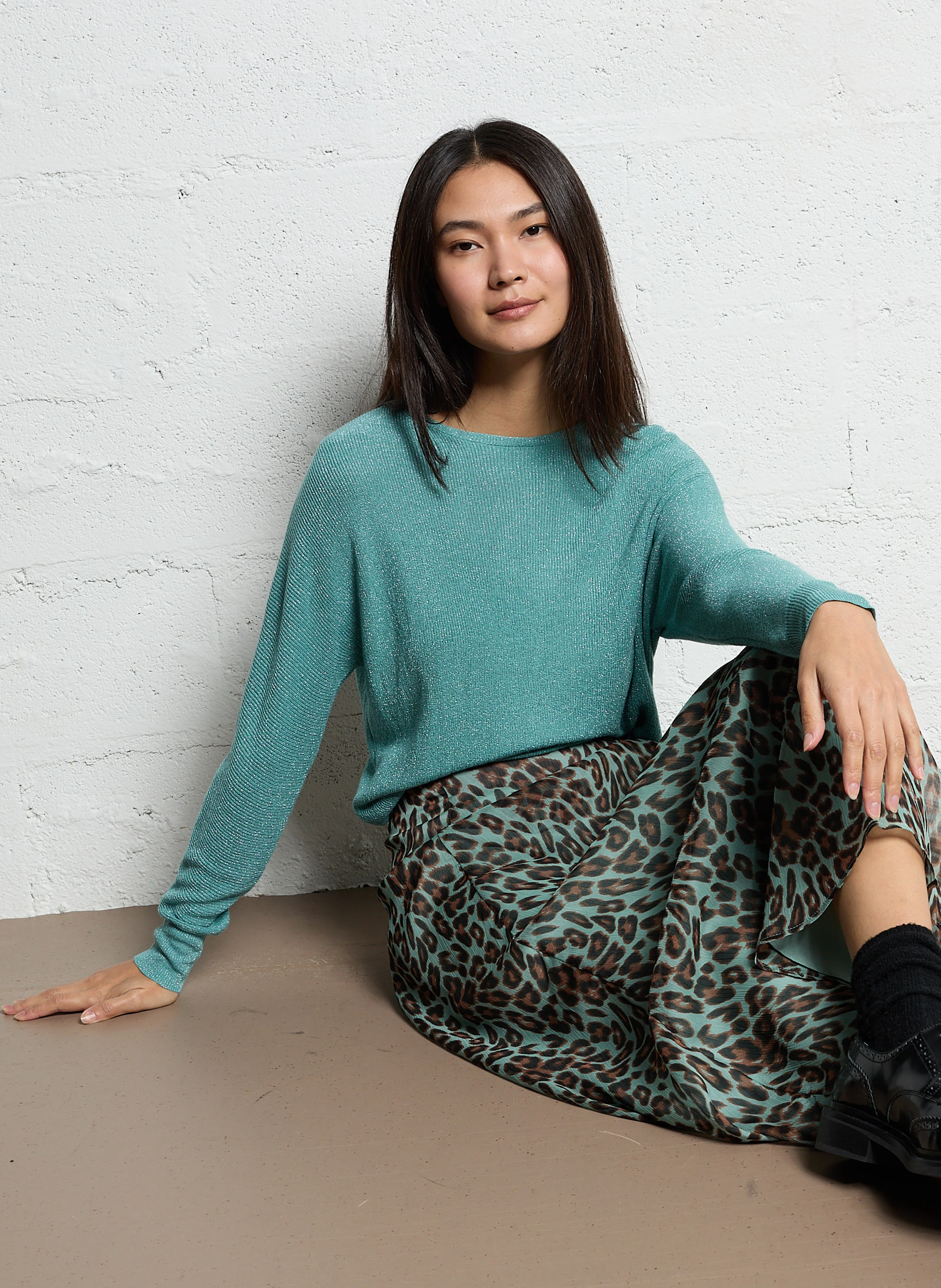 MACARENY - Pull droit col bateau en maille lurex | Vert