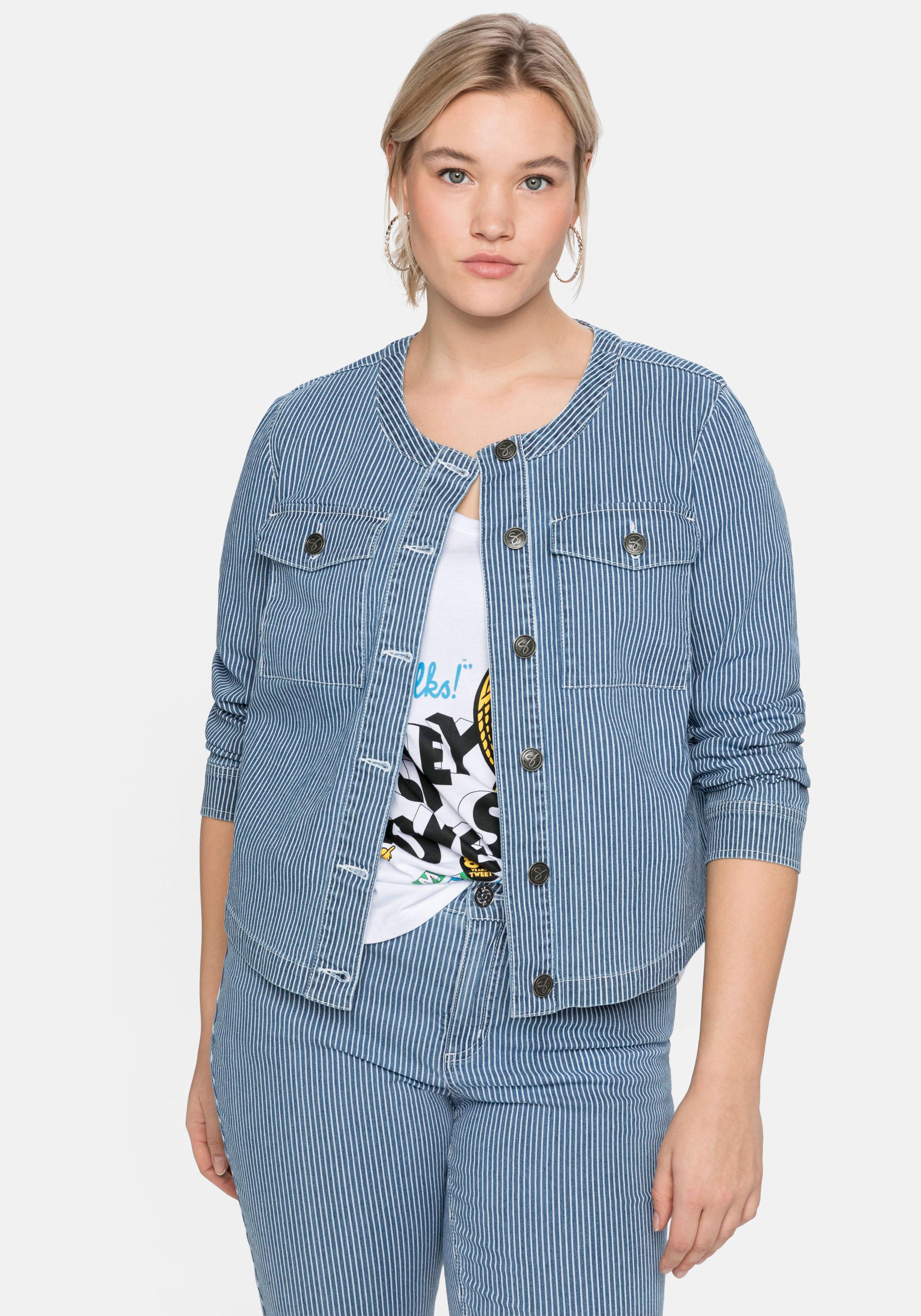 Jeansjacke mit Streifen,  in kragenloser Form
