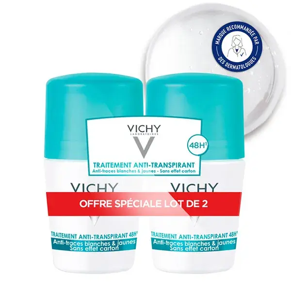 Desodorante antitranspirante Vichy, antimanchas brancas e amarelas, roll-on 48h, pacote com 2 unidades de 50ml