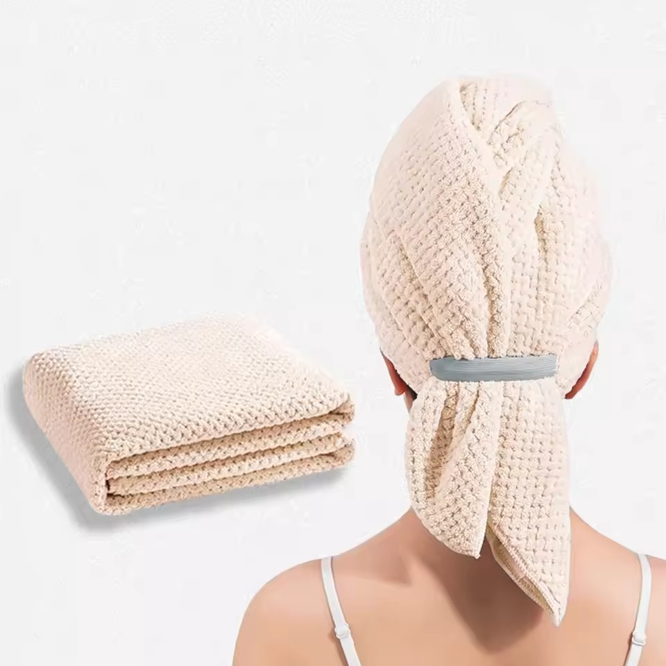 Schnelltrocknendes Mikrofaser Handtuch Haarturban mit Elastischem Band - Beige