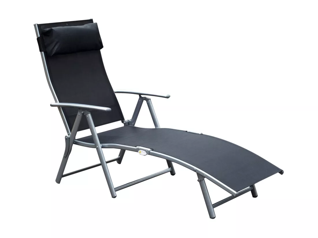 Outsunny transat chaise longue bain de soleil pliable dossier inclinable multi-positions têtière fournie 137L x 64l x 101H cm métal époxy textilène noir