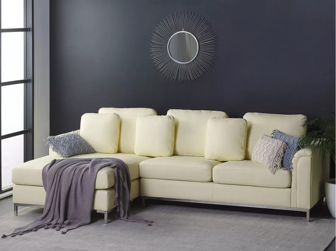 Canapé Angle à gauche en Cuir Véritable Beige Dossier Matelassé Housses Amovibles Oslo