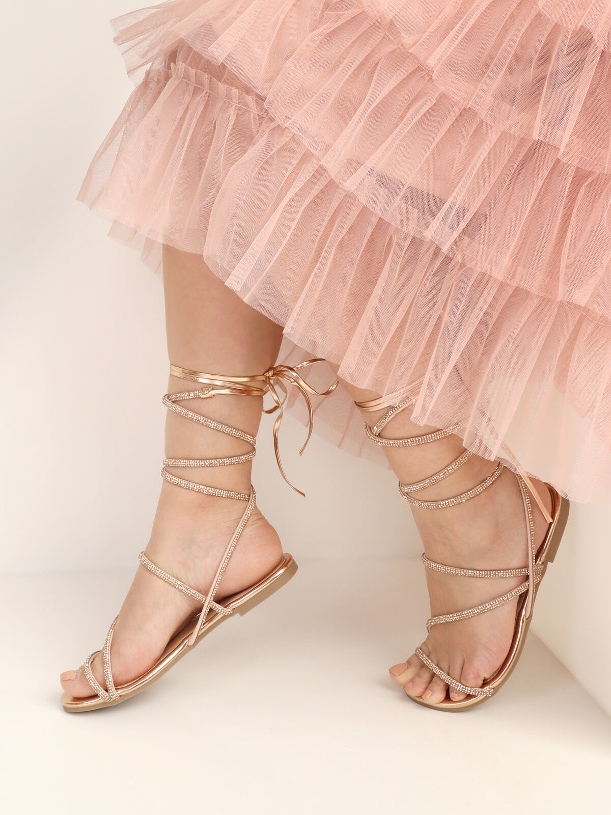 Sandales plates à lacets en strass- Doré rose