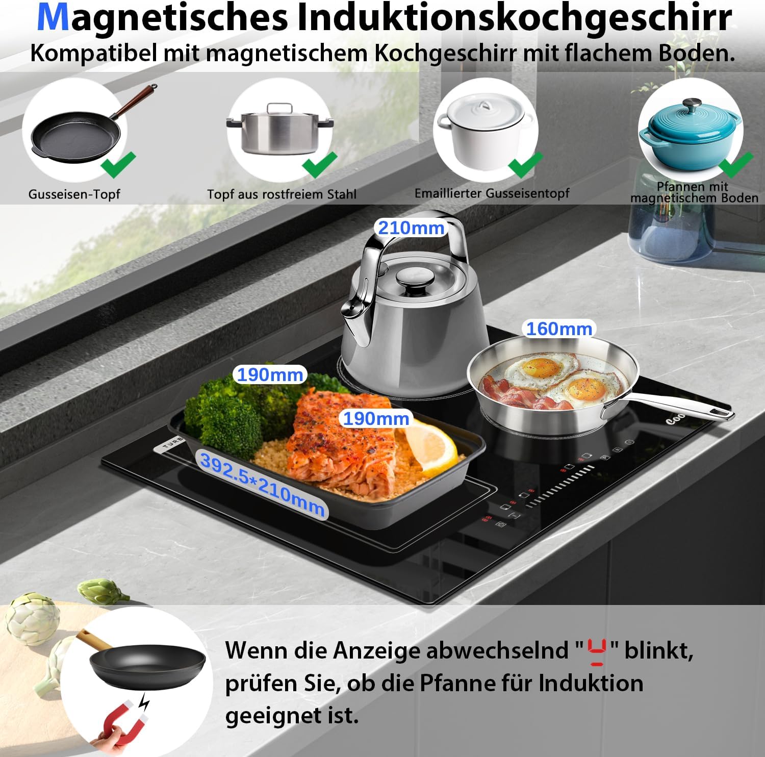 Induktionskochfeld 4 Platten mit Stecker, Kochfeld Autark, Einbau 59cm, 3500W, Kombizone für Grill, Slider-Touch-Steuerung, Schwarze Keramikglasplatte, 220V, 50Hz, 16A Steckerdose