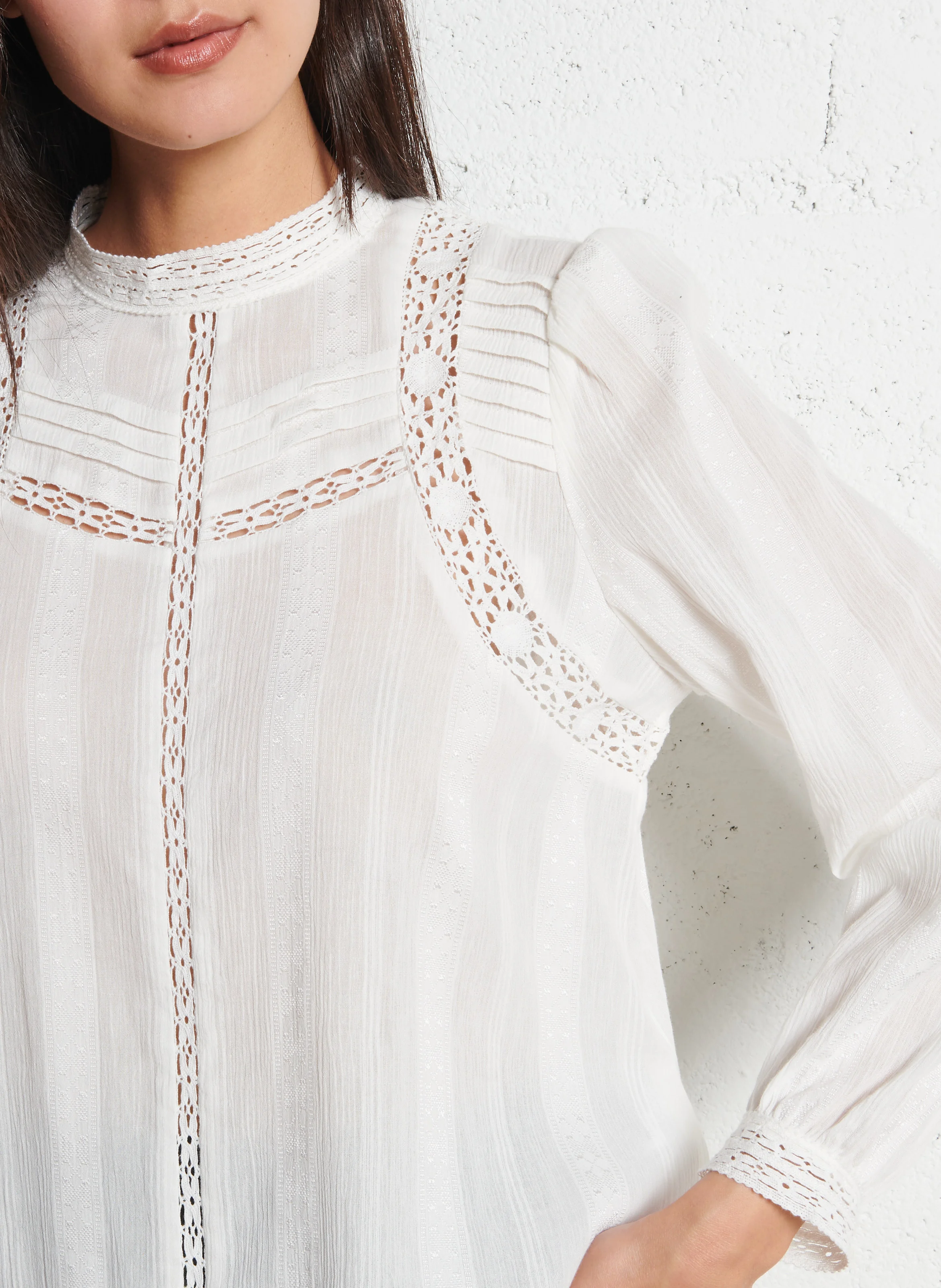 Blouse ample broderies perles en coton mélangé | Blanc