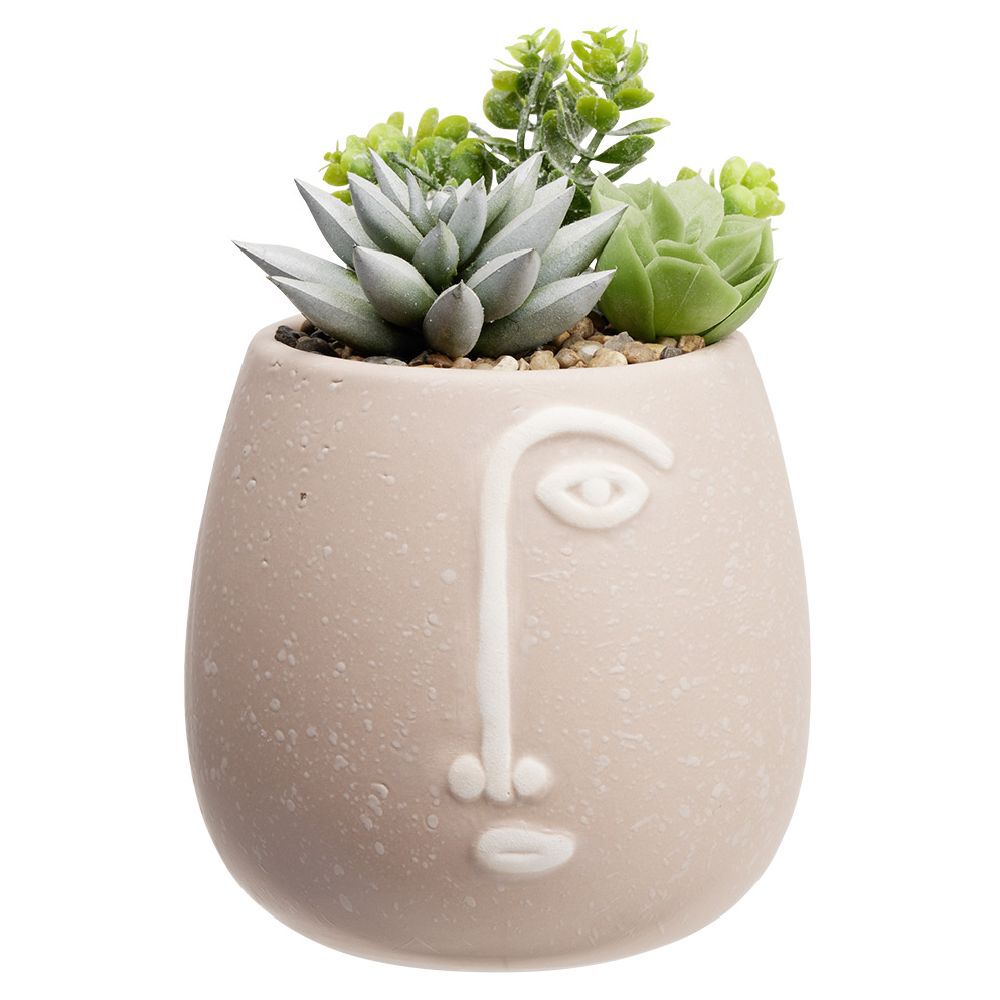 Plante artificielle dans pot en grès déco visage