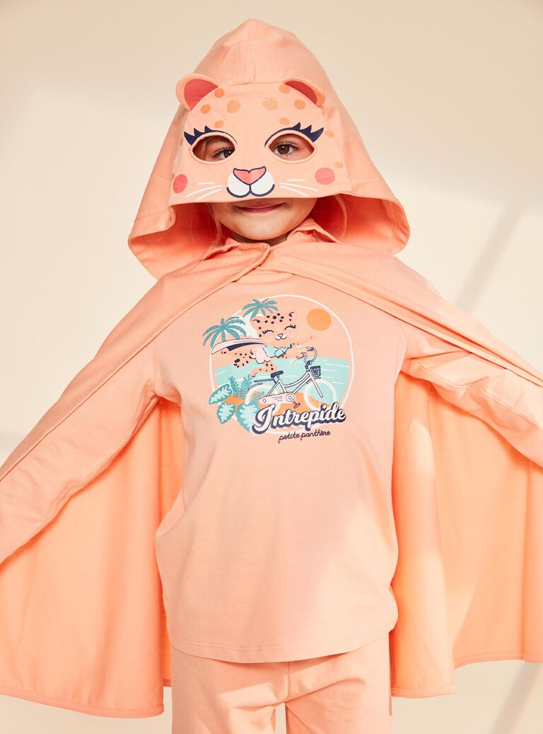 Pyjama deux pièces orange pâle en coton avec cape tête de panthère