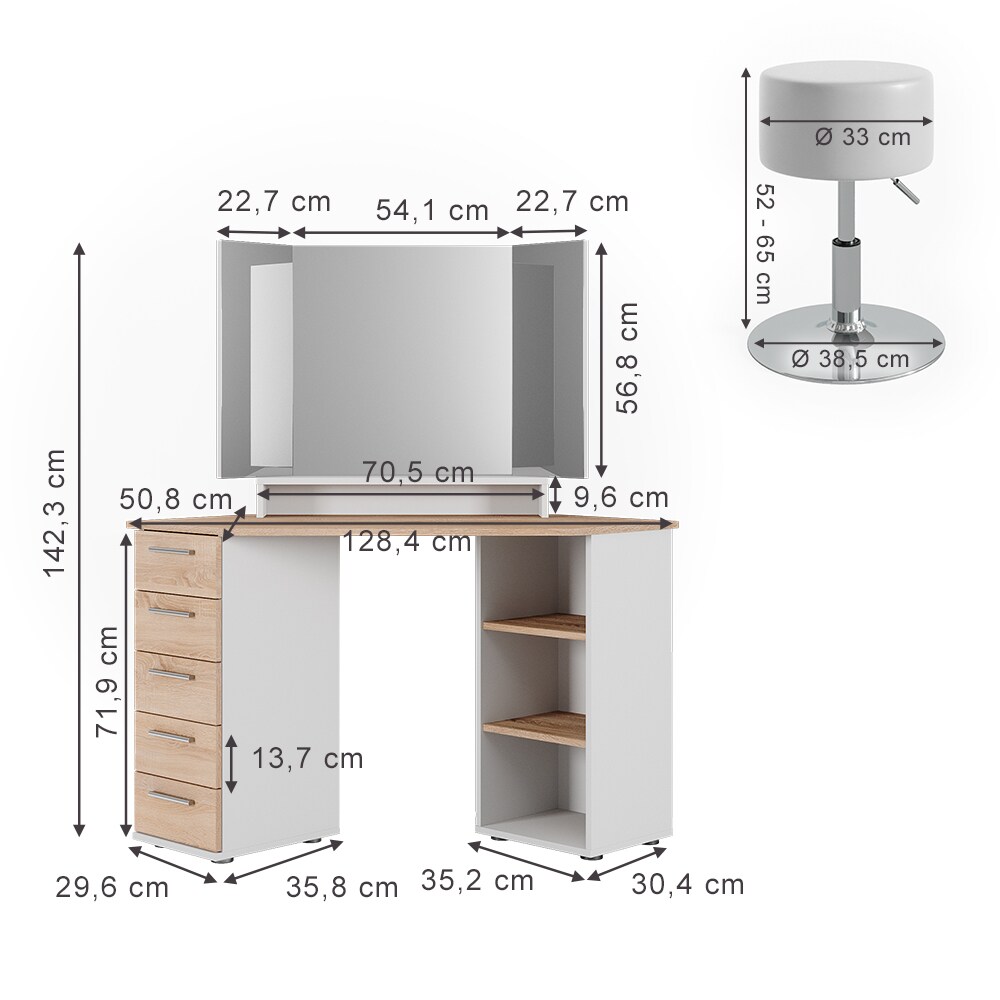 Vicco Eckschminktisch Frisiertisch Frisierkommode Sofia Weiß Sonoma Spiegel Hocker 128x142 cm modern Ablage