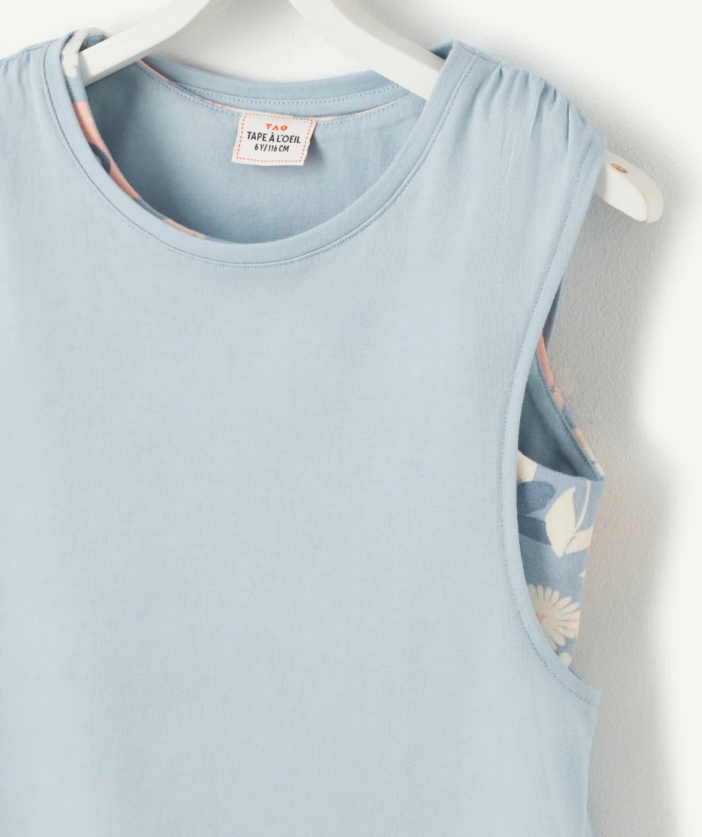 T-SHIRT 2 EN 1 FILLE BLEU AVEC BRASSIÈRE IMPRIMÉE FLEURIE