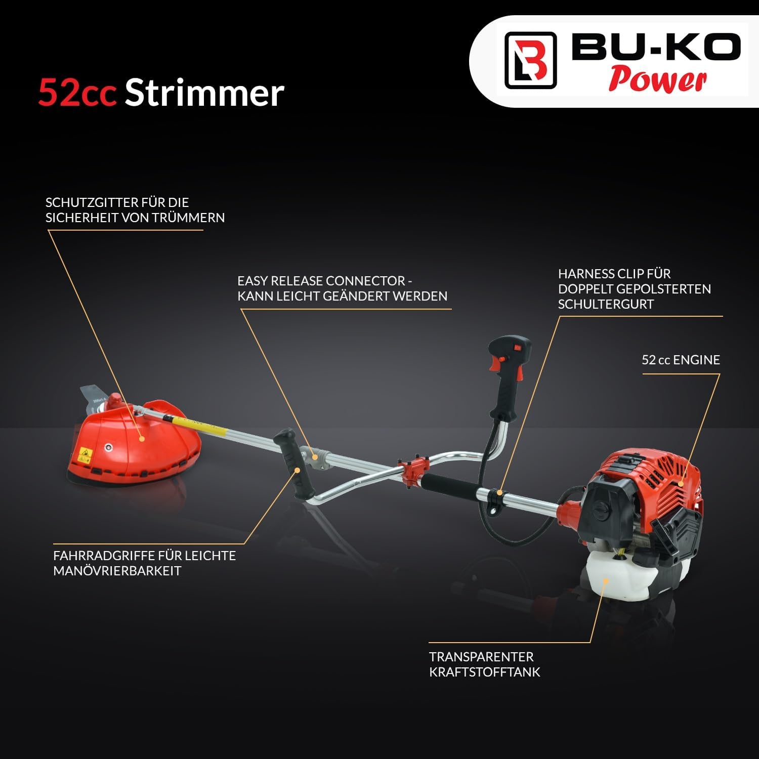 BU-KO 52cc Motorsense Benzin Rasentrimmer Garden Tool inklusive: String Trimmer, Freischneider mit 3T Blade, Stahldraht Strummer Wildkrautbürste Schneidemesser. Tolles Outdoor Tool