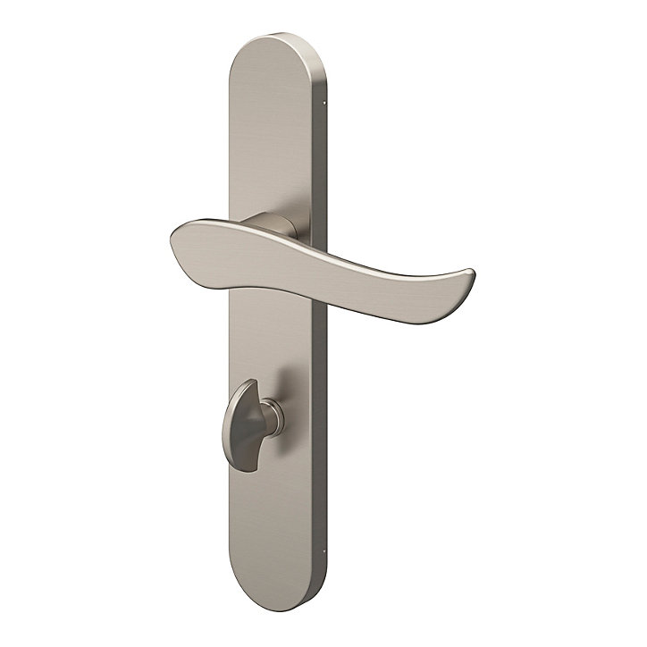Ensemble poignée sur plaque rond à condamnation GoodHome Armel effet nickel satin gris L.130mm x l.42mm entraxe 165-195mm