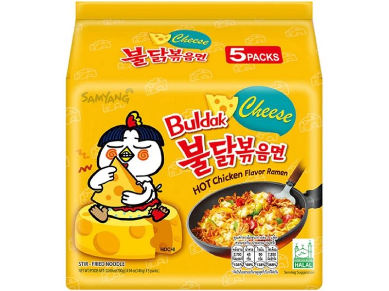 Samyang Buldak Hot Chicken Ramen Cheese 5 x 140 g Scharfe Instant-Nudeln mit Käse-Geschmack