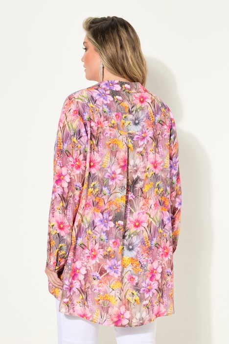 Bluse, A-Linie, Blumen-Druck, Langarm