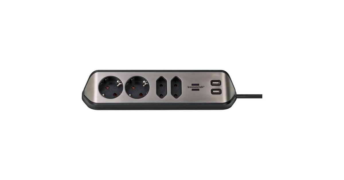 BrennenstuhlEstilo Hoekstekkerdoos 4-voudig stekkerdoos  (Zwart/roestvrij staal, 2x USB)