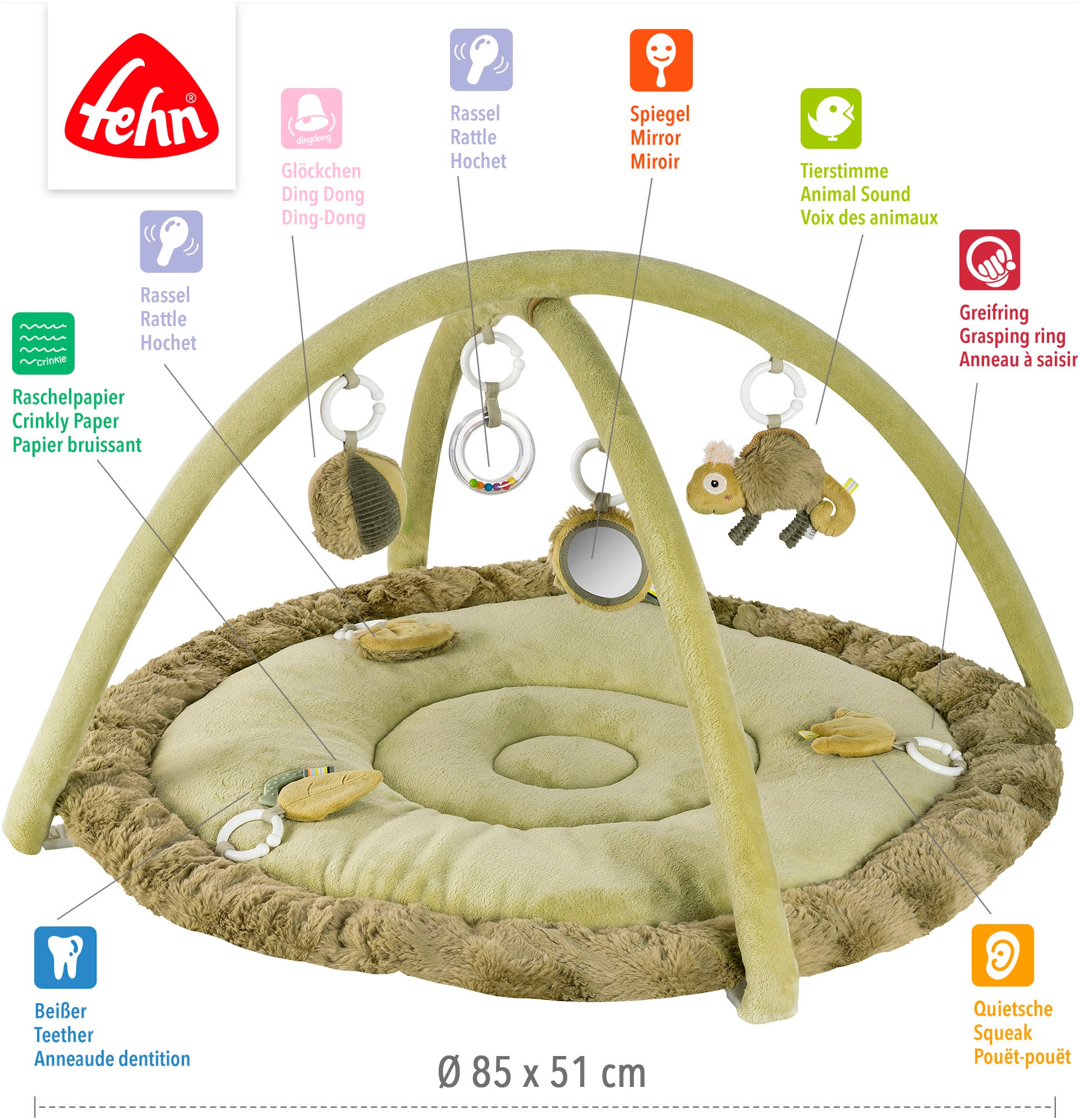 Fehn Spielbogen »Lazy, Crazy & Pink, Chamäleon, 3-D-Activity-Decke« mit 5 abnehmbaren Spielzeugen