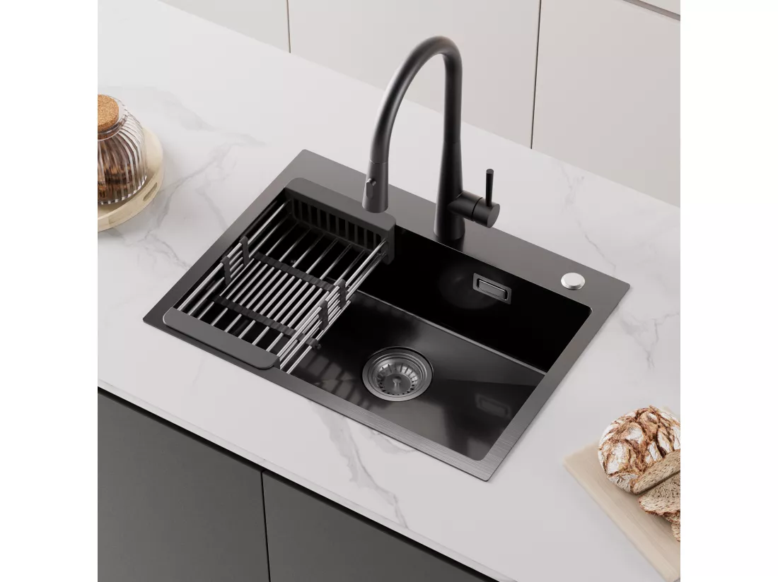 Cecipa max Évier de Cuisine Inox 60×45cm, Évier 1 Bac avec Panier de Drainage + Mitigeur de Cuisine à Ressort avec 3 Modes de Sortie D'eau, Noir