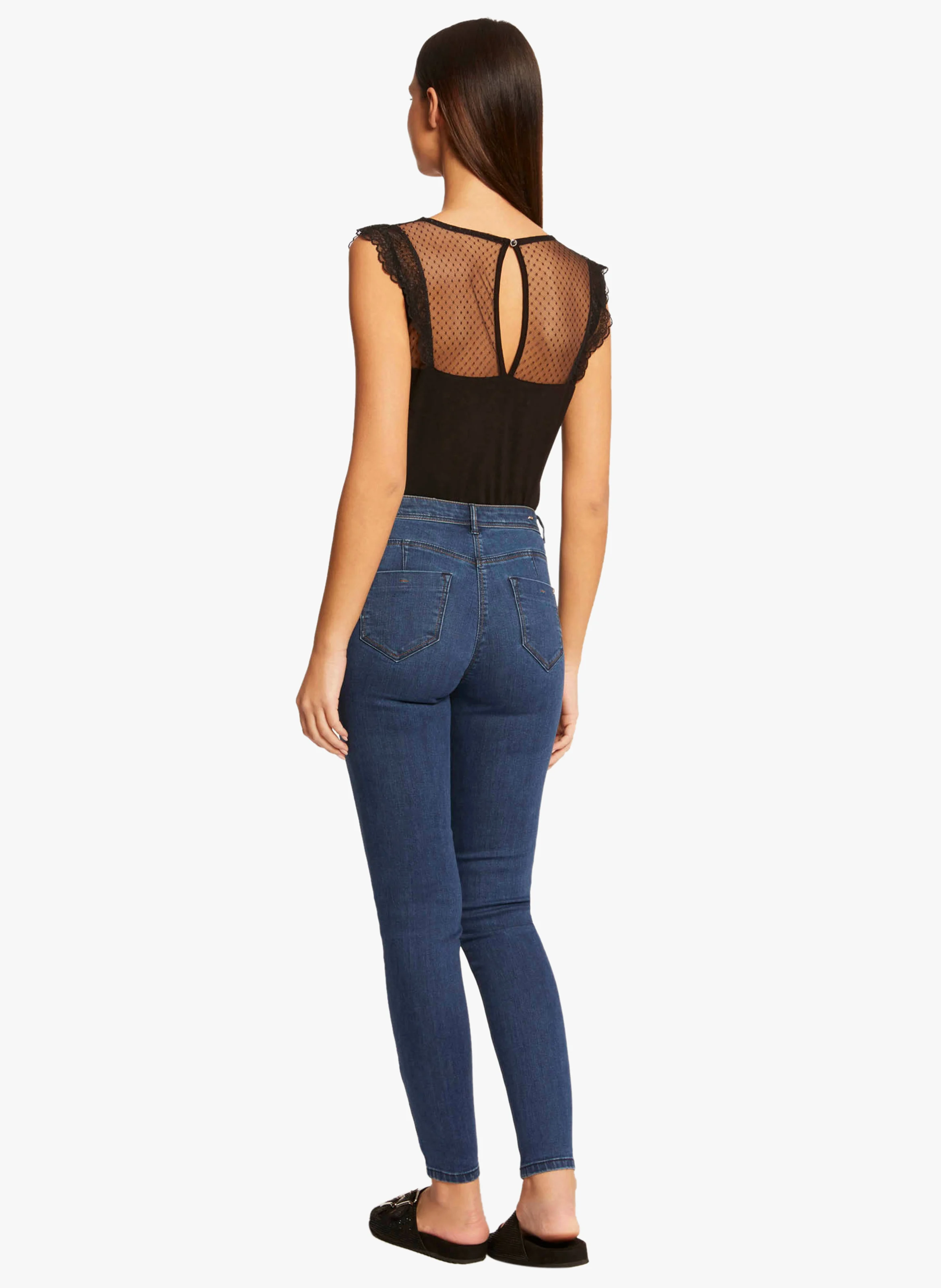 DOCHAN - Tee-shirt col V en dentelle| Noir
