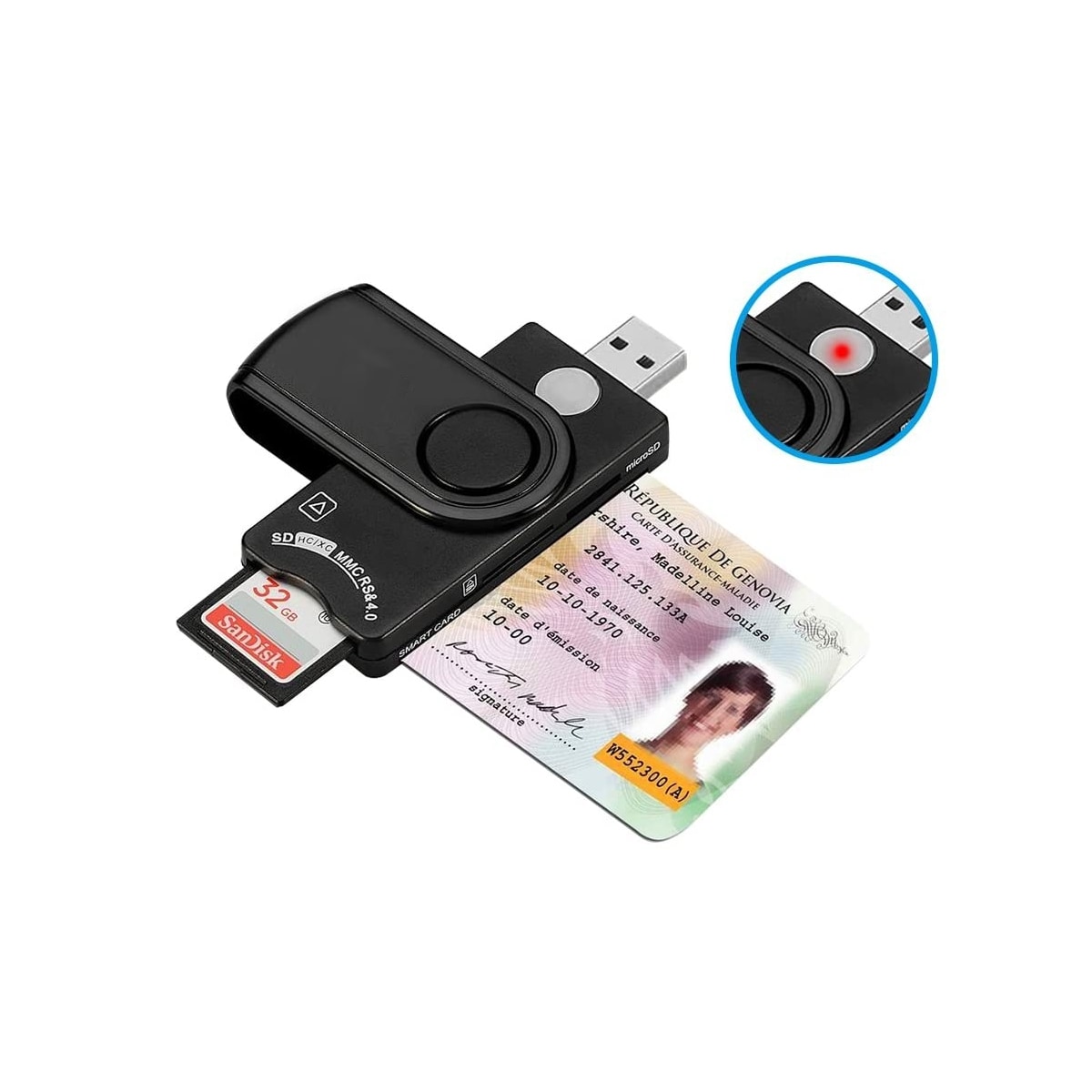 NÖRDIC 4 i 1 kortleser Smartkort SIM-kort SD og TF/MicroSD USB-A UHS-I