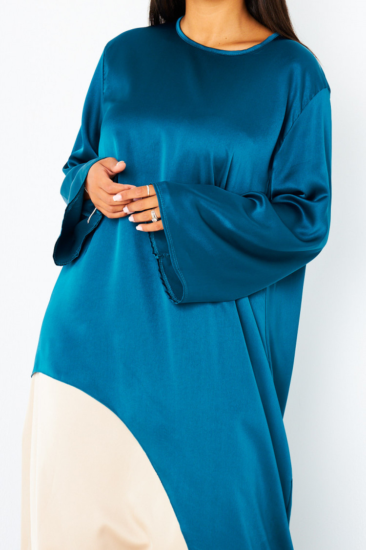 Ensemble 2 pièces blouse asymétrique bleu + jupe beige