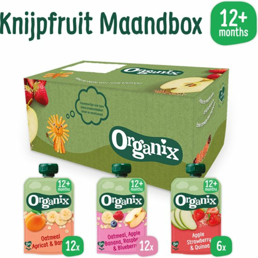 Organix Knijpfruit Maandbox 12+ mnd - Havermout Abrikoos & Banaan 12 x 100 gr + Haver Appel & Banaan 12 x 100 gr + Appel Aardbei & Quinoa 6 x 100 gr Pakket