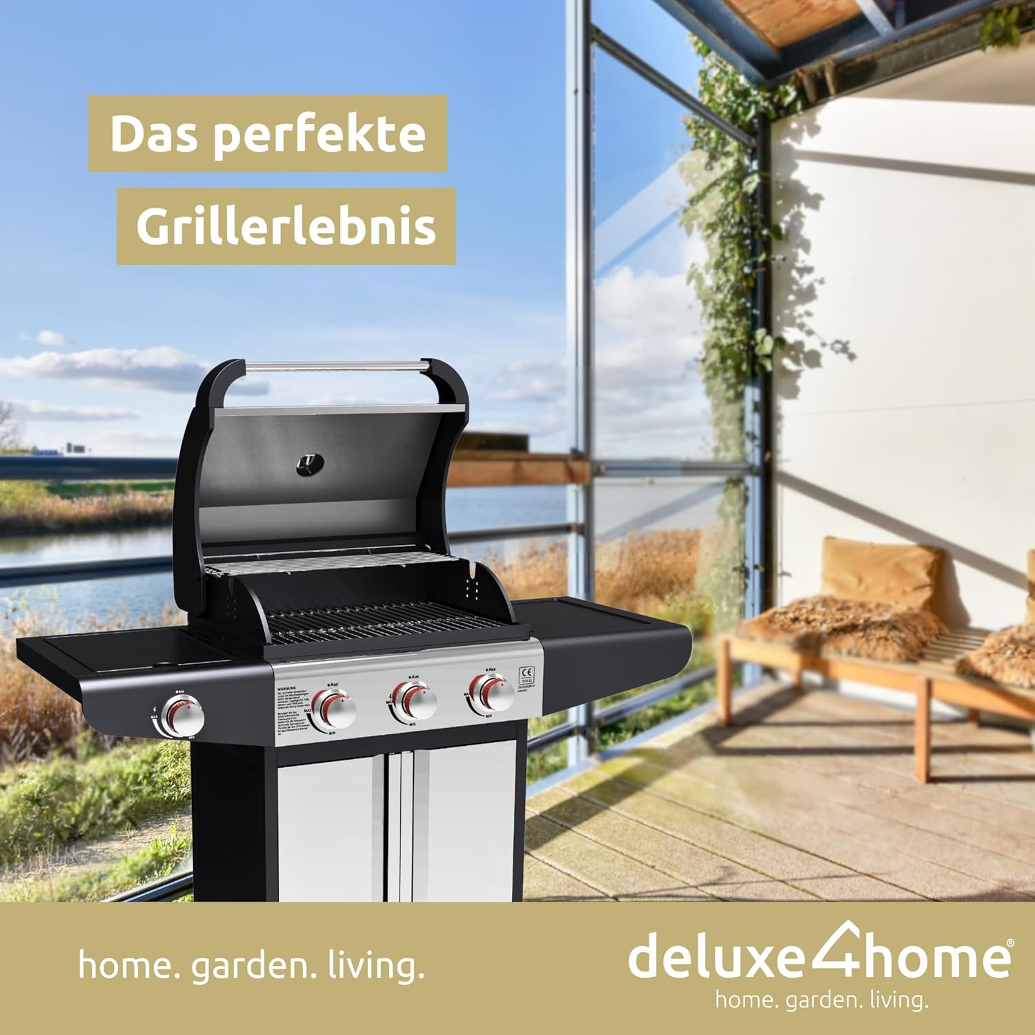 Gasgrill BBQ Grillwagen mit Deckel I 3+1 Seitenbrenner XXL Grill Rollbar Seitenablage I inkl. Grillhandschuh und Grillthermometer I Rollgrill Standgrill