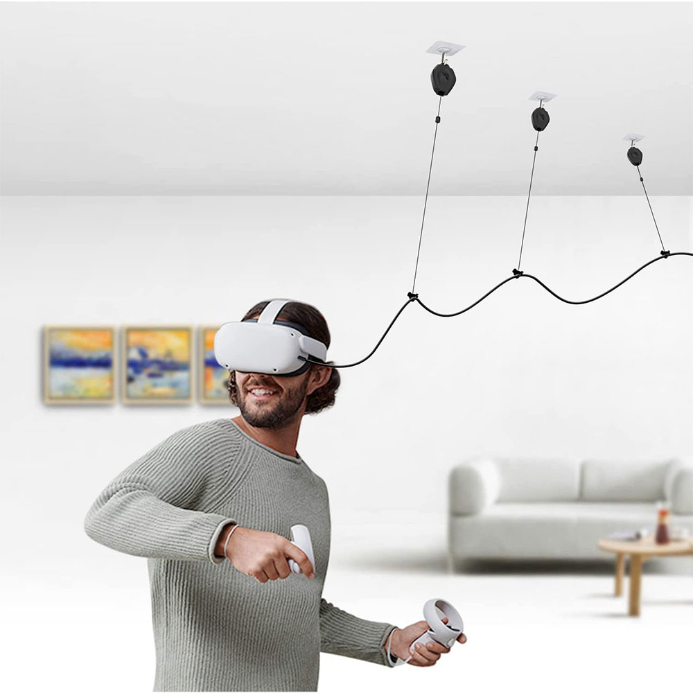 (6-tlg. Set) VR Kabelmanagement System mit einziehbaren Deckenrollen für Virtual Reality Headset Meta Quest / Oculus Quest uvm. - Schwarz