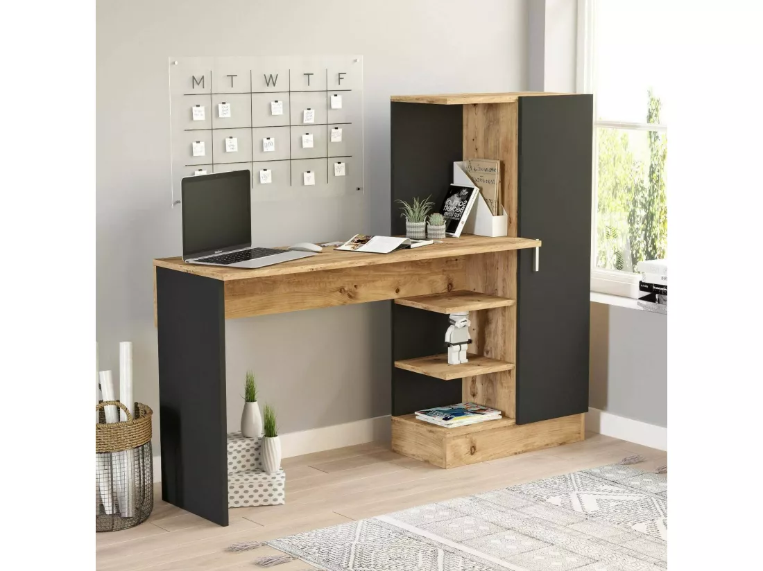 Bureau Ancha, Pupitre polyvalent, Table de bureau pour PC, Plan de travail, 152x40h120 cm, Chêne et Noir