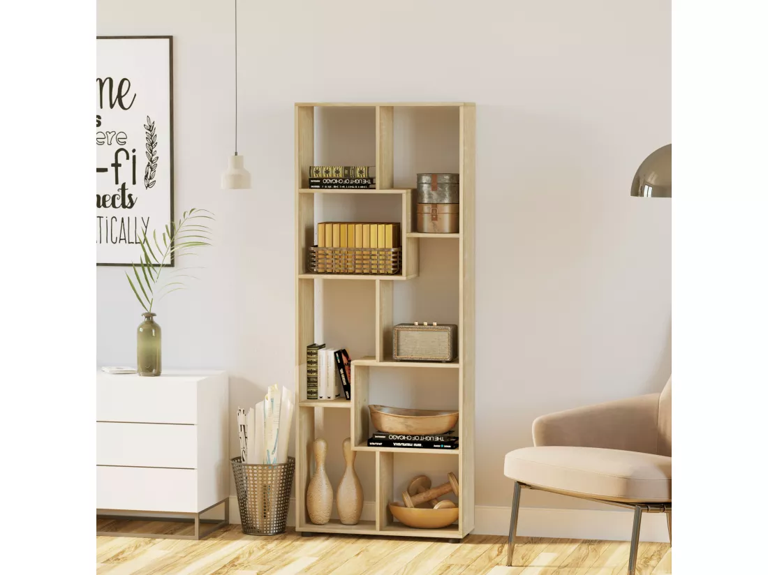 Bibliothèque étagère meuble de rangement dim. 70L x 24l x 178H cm en zigazag et 8 espaces en panneau de particules naturel