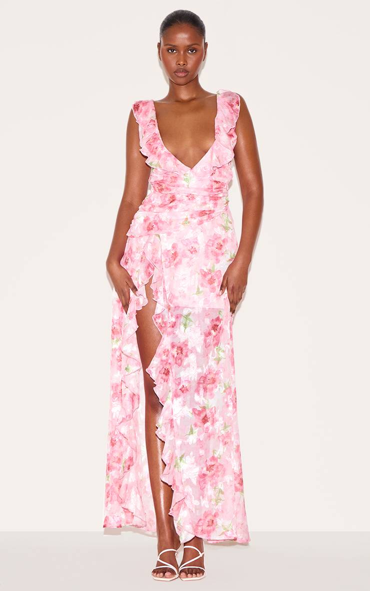 Rose Robe Longue À Bretelles À Volants En Mousseline Fleurie Avec Décolleté Plongeant