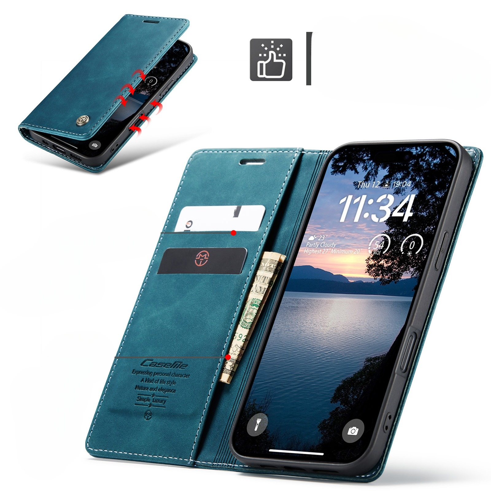 iPhone 17 Pro Max Leder Tasche Flip Wallet Etui mit Kartenfächern - Blaugrün