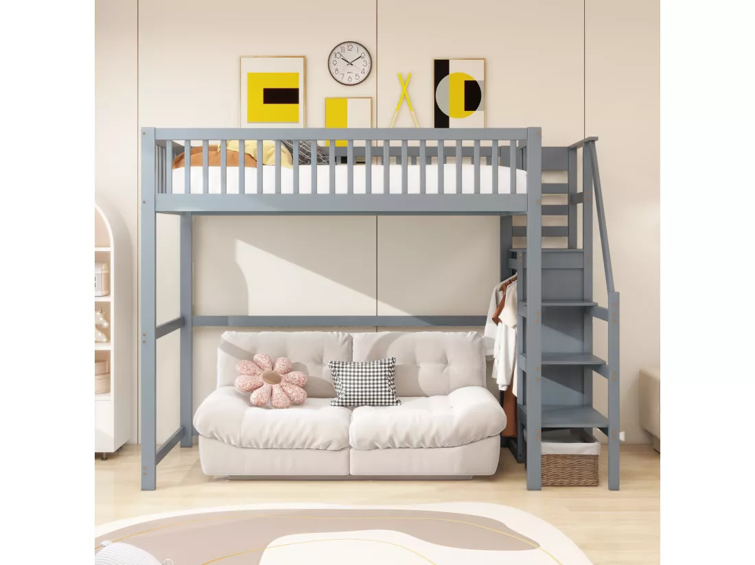 Lit mezzanine 90 x 200 cm avec armoire et escalier - Bois massif + contreplaqué + MDF - Gris (Sans matelas)