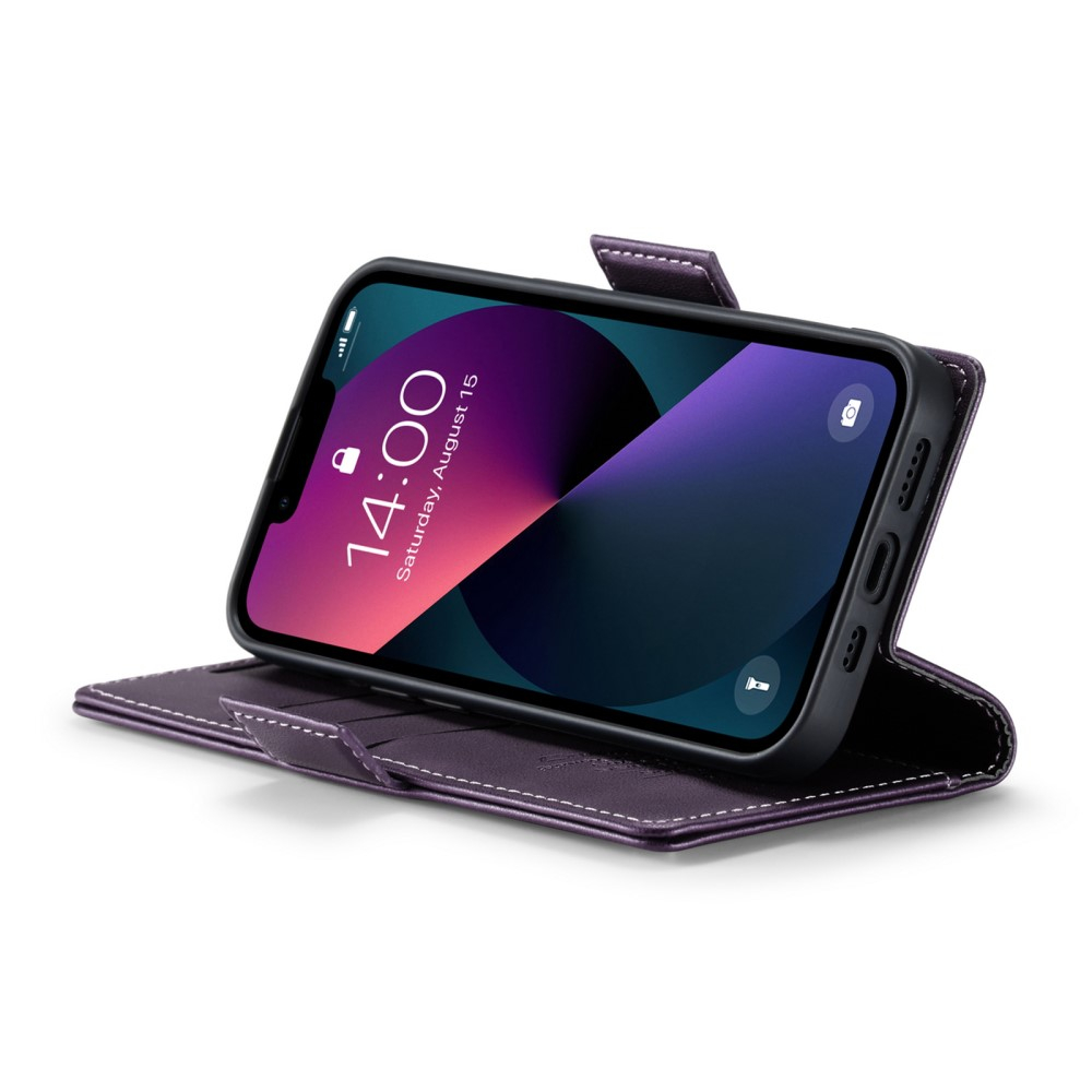 iPhone 14 Leder Tasche Flip Wallet Etui mit Kartenfächern Litchi Look (RFID Schutz) - Violett