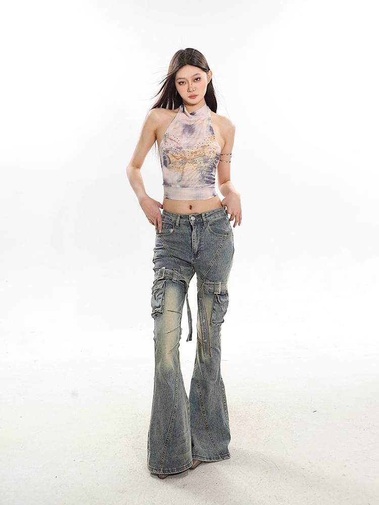 SPUCIKLEI - Mouwloze nep-hals tie-dye crop top met distressed effect
