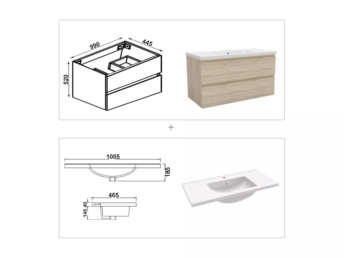 Ensemble meuble salle de Bain 100cm simple vasque avec colonne et miroir 3 couleurs Chêne Wotan