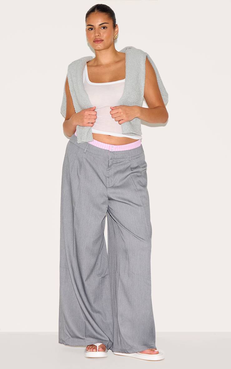 Gris Pantalon Grande Taille Droit À Détail Boxer En Tissu Tissé Avec Rayures Contrastées
