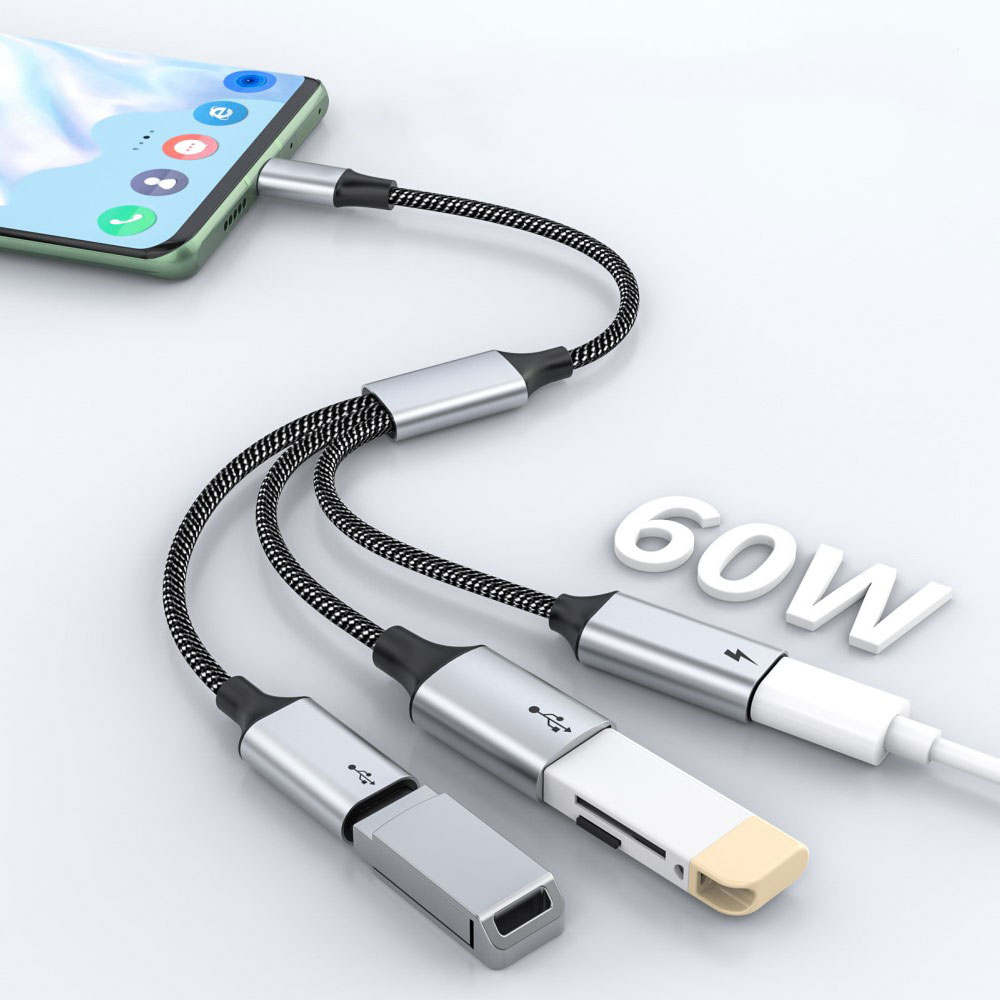 (26cm) 60W 3in1 USB C auf 2x USB C / USB A Adapter Ladekabel OTG Nylon Datenkabel - Schwarz / Silber