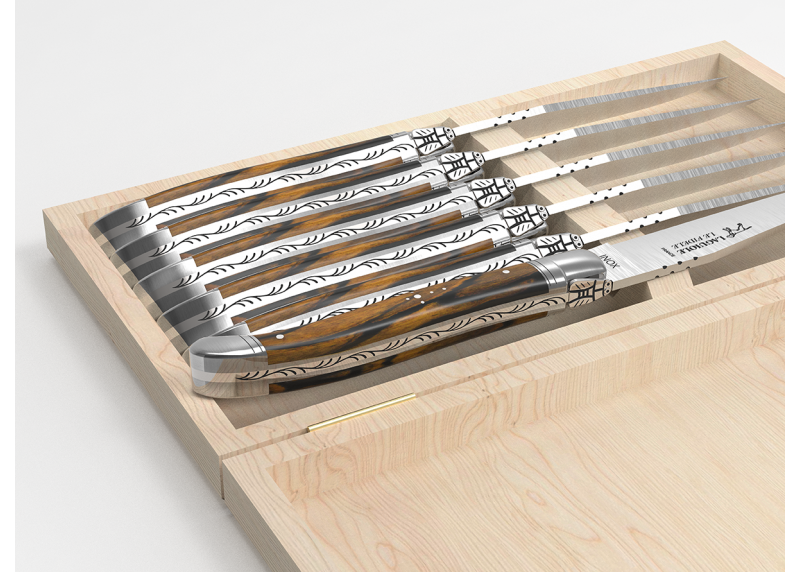 Service de 6 couteaux Laguiole avec un manche en bois d'ébène royal et mitres en acier inoxydable