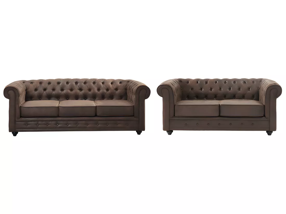 Canapés 3 places et 2 places CHESTERFIELD en microfibre aspect cuir vieilli
