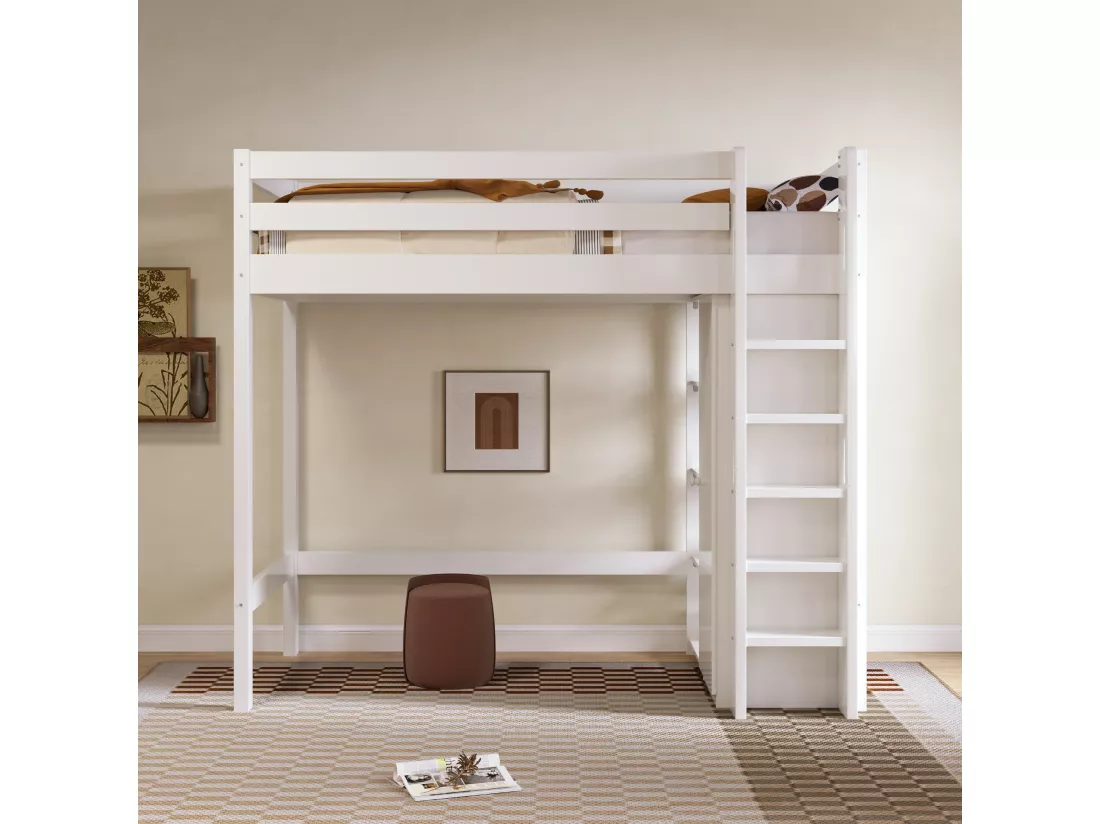 Lit mezzanine 90x200cm en bois massif - avec une armoire et étagères - Blanc