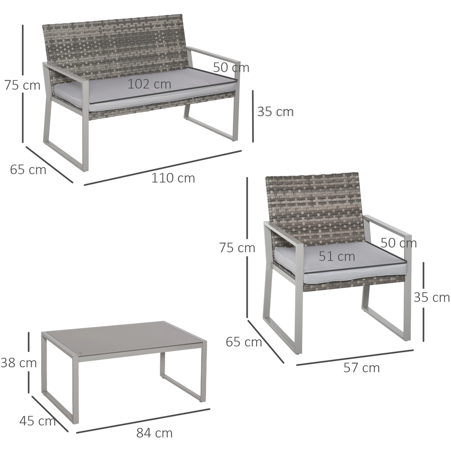 Outsunny Rattan Sitzgruppe für 4 Personen grau