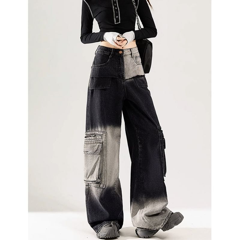 Vhancy - High Waist Washed Patchwork Cargo Jeans met Wijde Pijpen