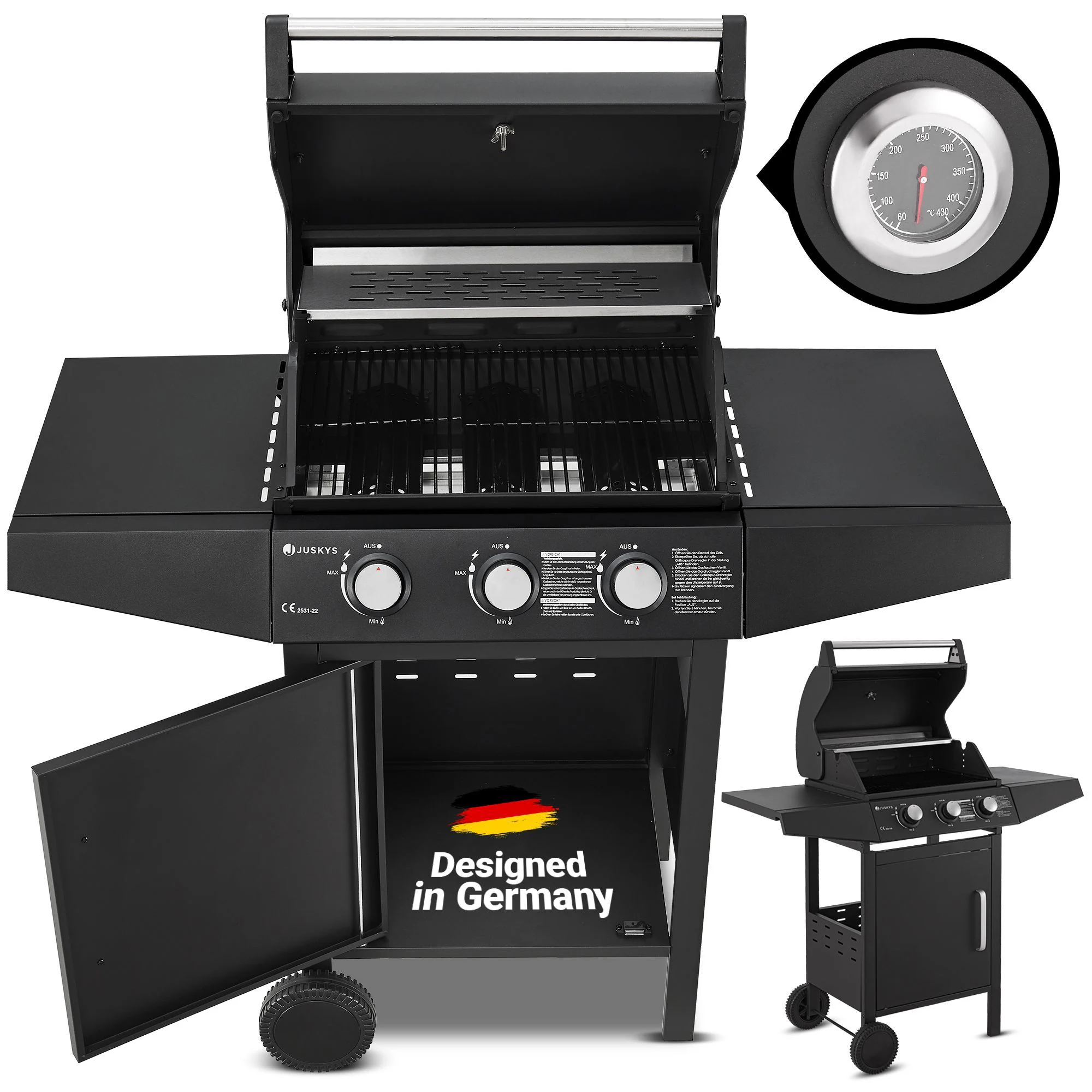 Juskys BBQ Gas-Grill Louisiana, 3 Brenner Grillrost, Deckel mit Thermometer